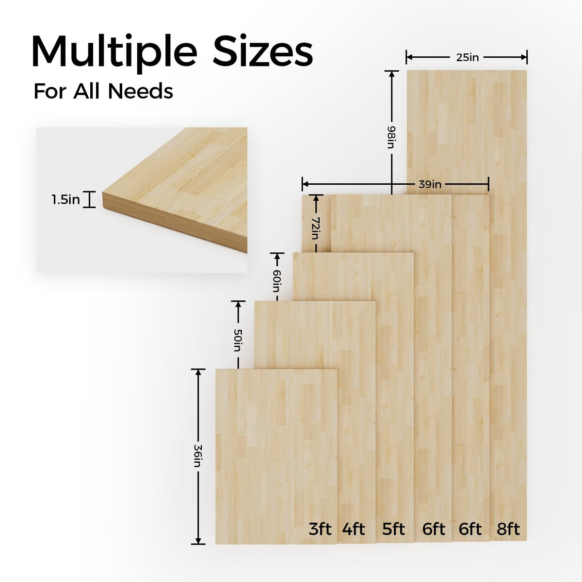Unfinished Birch Butcher Block Countertop - Solid Wood Cutting Board for Kitchen Island, DIY Desk & Washer Dryer Top, Customizable Surface - 98" x 25" x 1.5" Thick