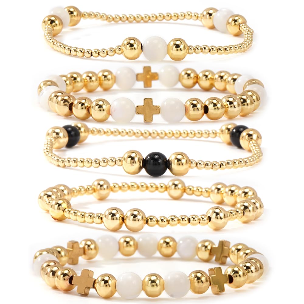 Bohxantium Gold Cross Beaded Bracelets for Women Handmade Boho Stretch Stackable 14K Gold Plated Glass Round Beads Ball Bracelet Stack Non Tarnish Trendy Jewelry Set Accessories Christian Gift
