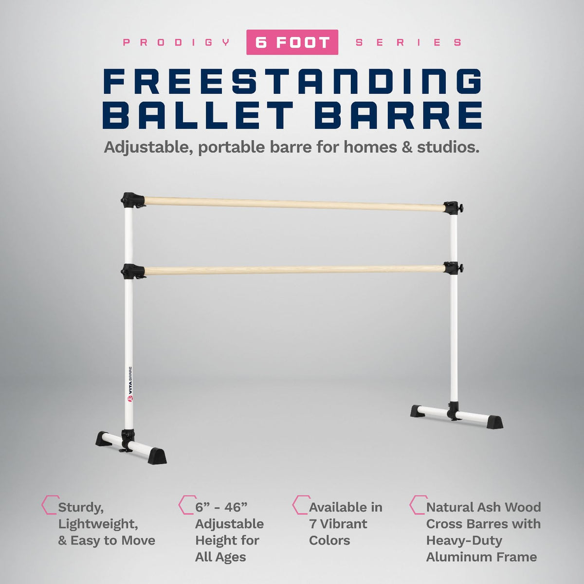 VITA Barre Portable Freestanding Double Ballet Barre, Prodigy, 6 Ft Bars, White | Adjustable Height, USA Made, Home or Gym Exercise Equipment for Kids & Adults | Dance, Fitness, Pilates