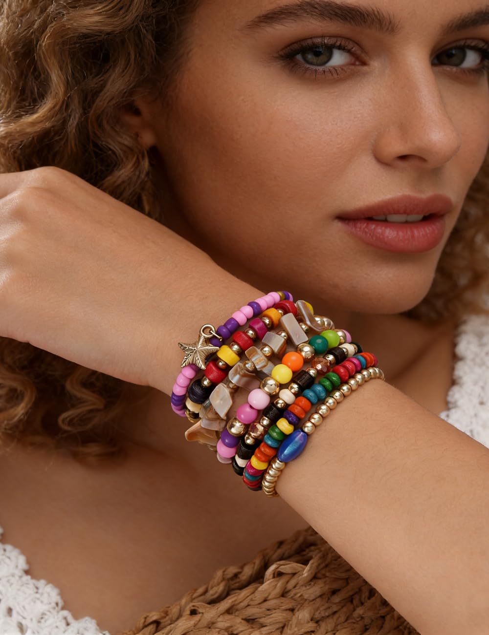 iF YOU 12 Pcs Boho Beaded Bracelets for Women, Brown Orange Bohemian Stackable Gold Bead Stretch Bracelets Stack Jewelry Gift (Colorful beaded bracelets)
