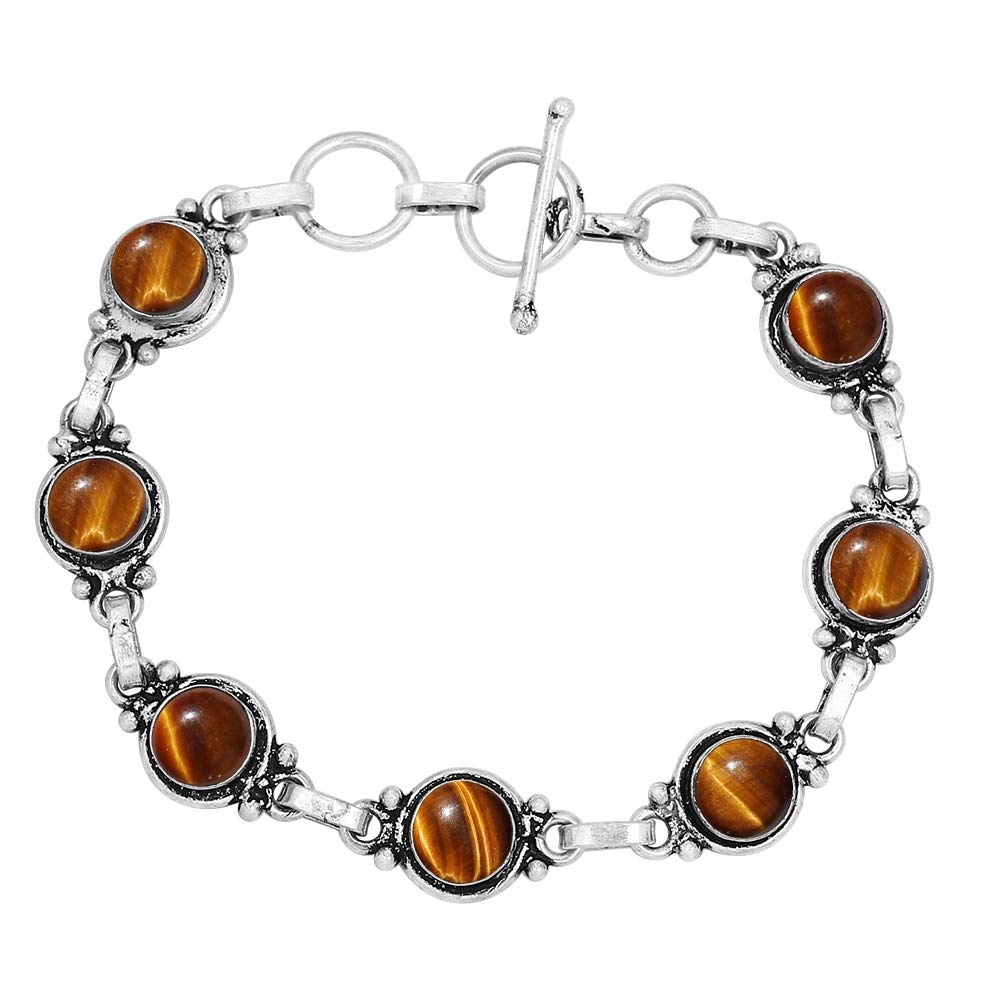 Natural Tiger Eye 925 Silver Plated Round Gemstone Adjustable Bracelet for Women - November Birthstone Bohemian Vintage Style Handmade Jewelry Bracelet - Gift for Her