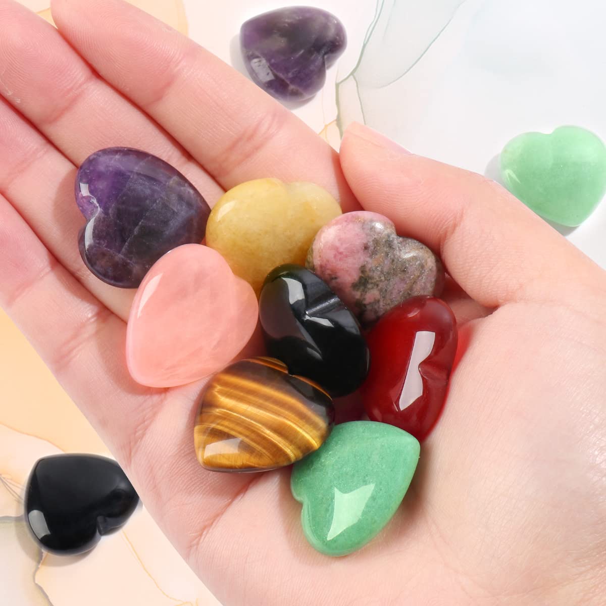 CASMON 8 Pcs Natural Mix Heart Love Stones (1 Inches), Puff Hearts Healing Palm Crystal Set with Gift Box for Chakra Reiki Home Décor