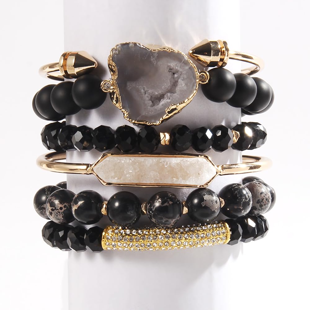 Yomisa 6PCS Natural Boho Beaded Bracelets Bangle for Women,Healing Turquoise Tiger eyes Agate Crystal Gemstone Stone Diamond Chakra Multi Wrap Bohemian Handmade Jewelry Beads Stretch Bracelet Set