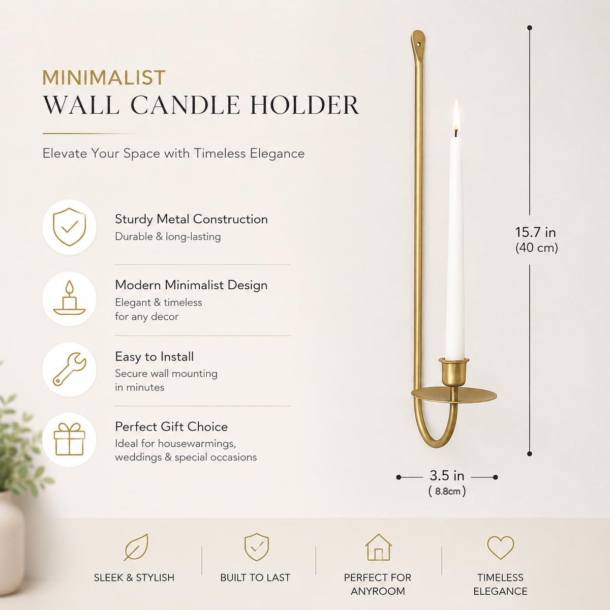 Remenna Wall Candle Holders Set of 2 Handcrafted Wrought Iron Sconces with Gold Finish, Easy to Install Modern Candle Holders for Living Room, Bedroom, Hallway, Wedding or Holiday Decor
