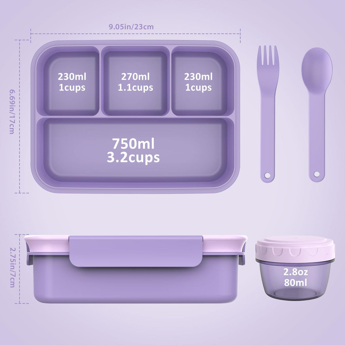 Caperci Bento Box Adult - 50 oz Large Lunch Containers for Adults and Teens, 4-Compartment Bento Lunch Box with Utensils & Leak Proof Sauce Cup, Dishwasher Safe, Durable, BPA-Free (Lavender)