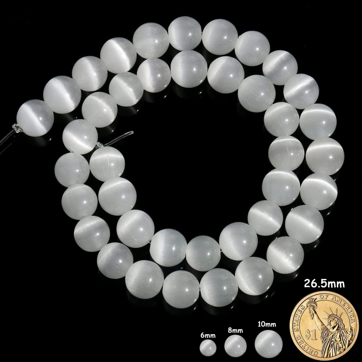 Yochus 60pcs White Cat Eye Stone Beads，6mm Healing Power Natural Stone Round Loose Beads for Jewelry Making Earring Necklace DIY Crafts