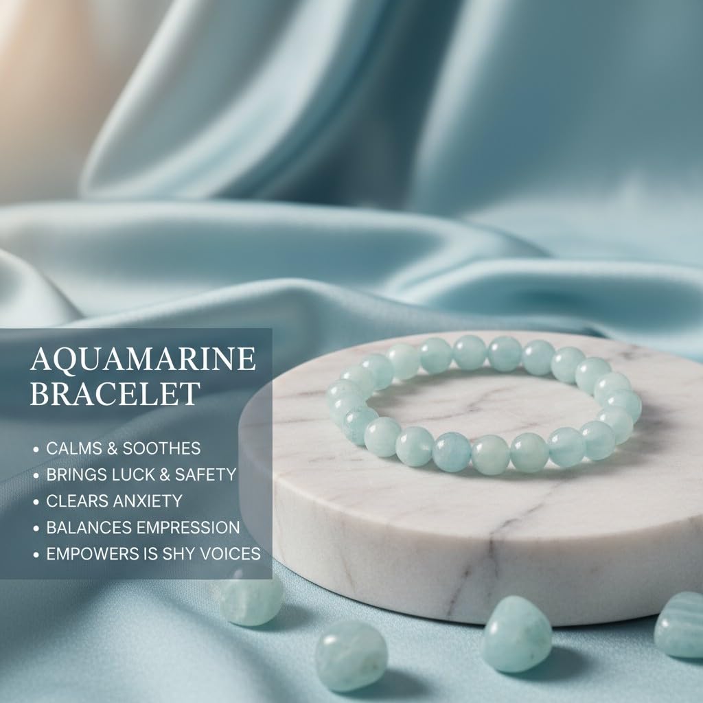 The Vida Handmade AAA+ Quality Crystal Stretch Elastic Bracelet - Nature Gemstone - Jewelry Gift - Holiday Gift - For Women & Men (Aquamarine)