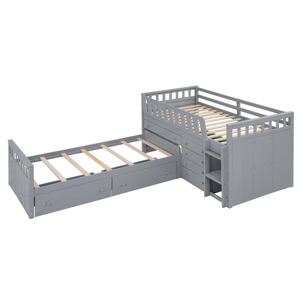 Merax L-Shaped Space-Saving Twin Loft and Twin Platform Bed with 7 Storage Drawers and Full Guardrails, Solid Wooden Bedframe for Boys Girls Adult, No Spring Box Needed, Grey