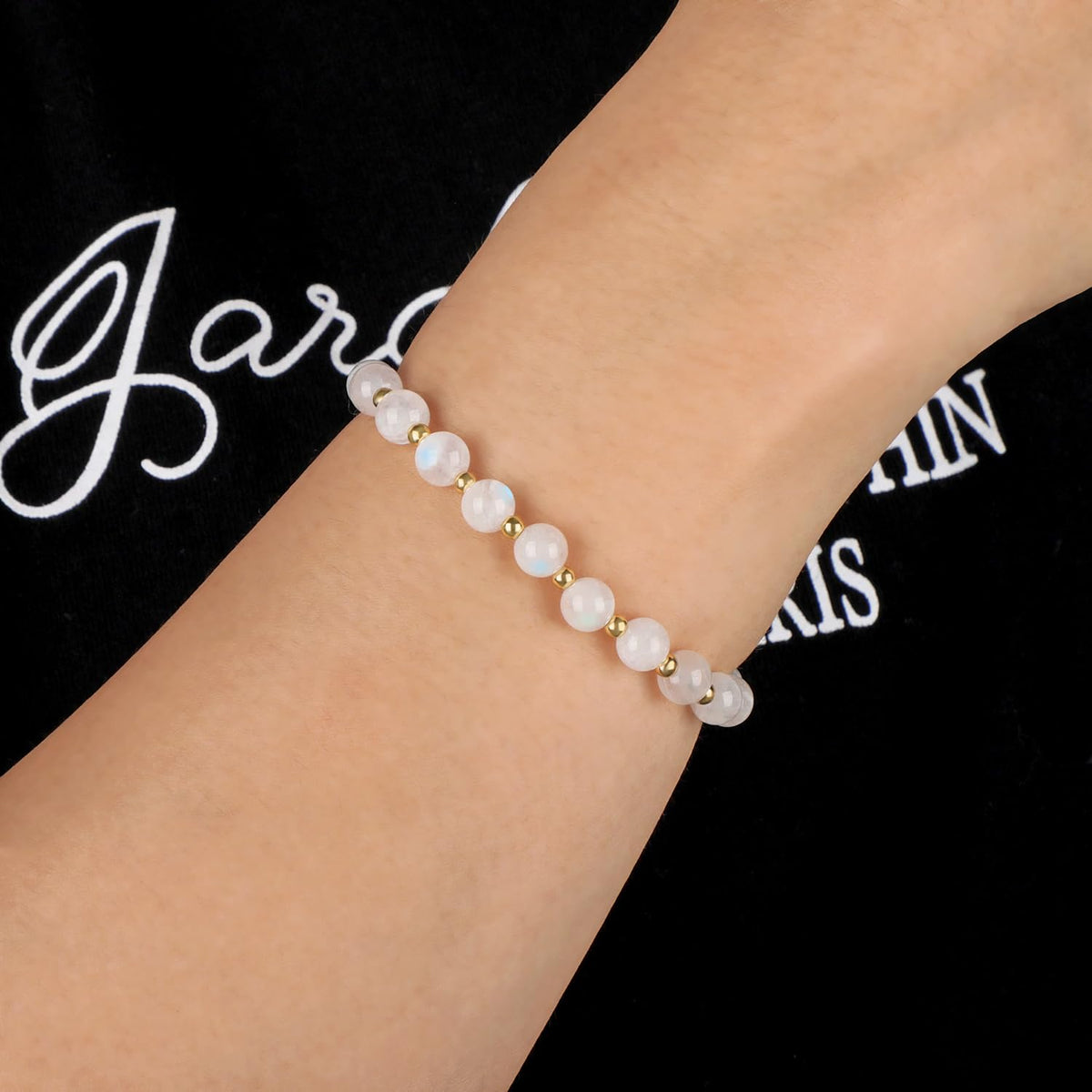 QOGIR Moonstone - New Beginnings - 14K Gold Plated Beads Natural Gemstone Stretch Elastic Dainty Healing Beaded Bracelets Gifts 6mm