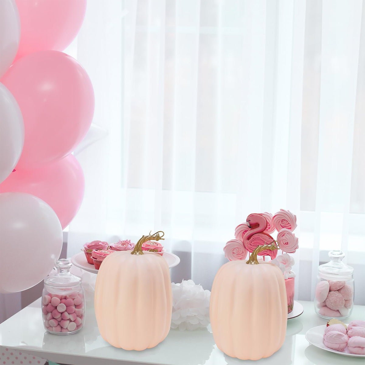 Winlyn 2 Pcs Large Artificial Pumpkins Fall Harvest Light Peach Pumpkins Big Faux Foam Pumpkins 8.7" for Fall Autumn Home Decor Wedding Baby Shower Thanksgiving Halloween Party Table Centerpiece