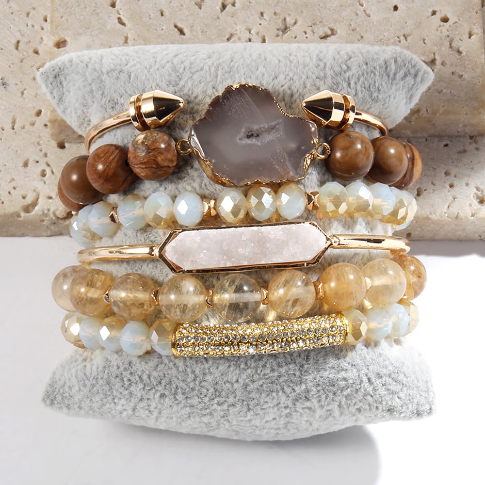 Yomisa 6PCS Natural Boho Beaded Bracelets Bangle for Women,Healing Turquoise Tiger eyes Agate Crystal Gemstone Stone Diamond Chakra Multi Wrap Bohemian Handmade Jewelry Beads Stretch Bracelet Set