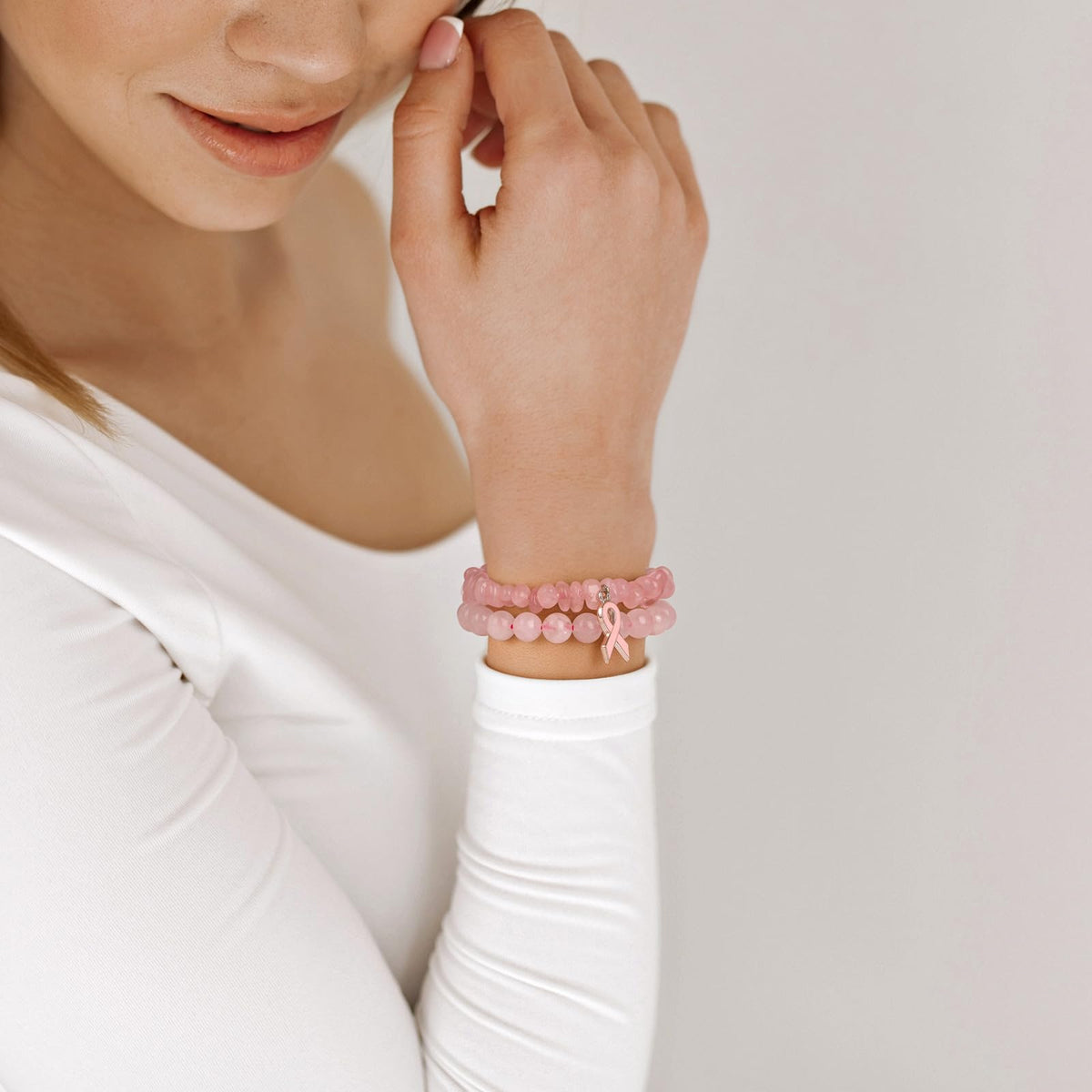 GolbalJew Breast Cancer Awareness Bracelets for Women Pink Ribbon Charm Rose Quartz Beads Bracelet Natural Stone Breast Cancer Encouragement Jewelry Gifts