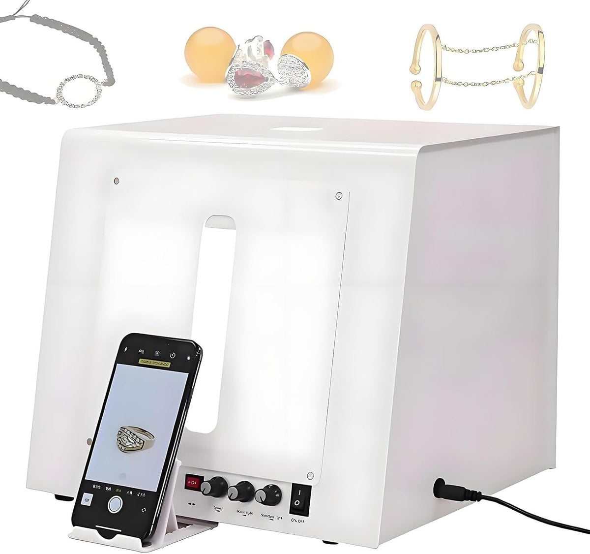 EXSHUING Jewelry Hanging Photography Kit, Product Photography Box – 360° Rotating & Hanging Support, 4 Led Fill Lights, Dimmable Brightness, 3000-5500k, 1kg/2.2lbs Turntable, Rings, Necklaces(TB30)