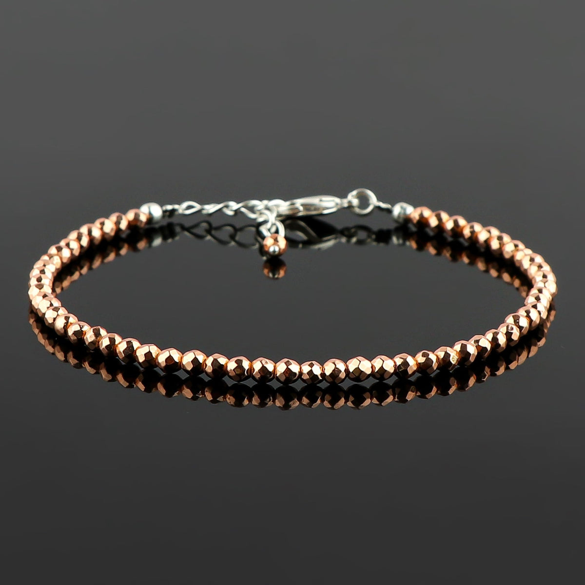 CRYSTALINES Genuine Rose Gold Hametite Gemstone Bracelet, Faceted Beads Stones, Hypoallergenic Handmade Boho Jewelry for Women, Healing Crystals, Adjustable Silver Chain 7+1inch, Birthday Gift
