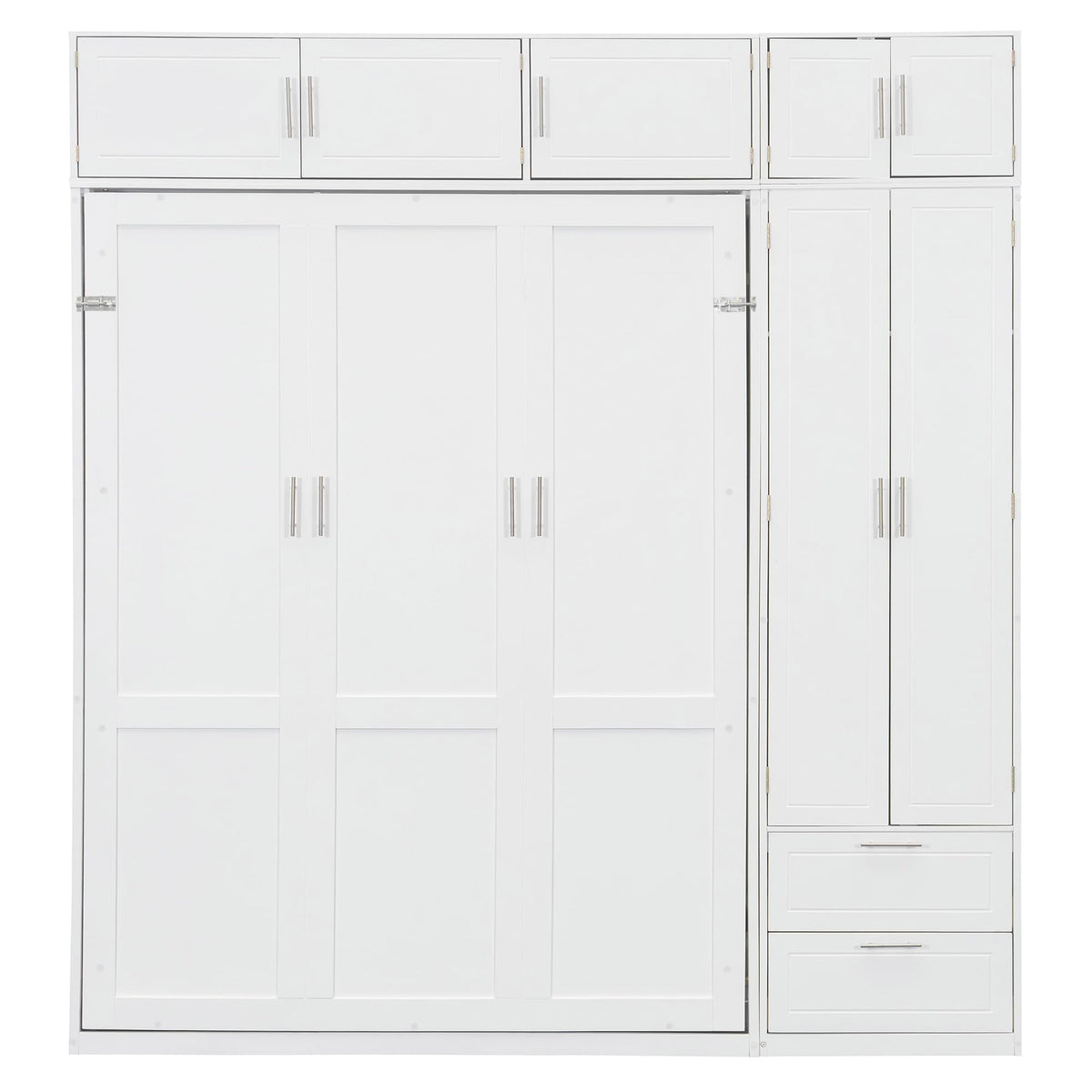 Merax Queen Size Murphy Bed with Top Cabinet, Shelves and Wardrobe, Fold into The Wall, Space-Saving Design, Multifunctional Foldable Platform Bed Frame for Bedroom, Guest Room, Home Office, White