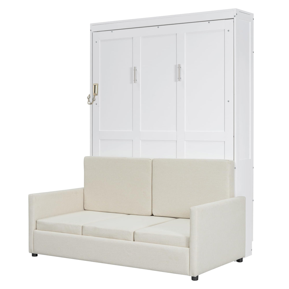 Ball & Cast Murphy Bed Full Size W/ 2 Seat Sofa,Murphy Bed Cabinet W/Cushion,Hideaway Bed W/Support Leg & Handles,for Bedroom Office Guest Room,White