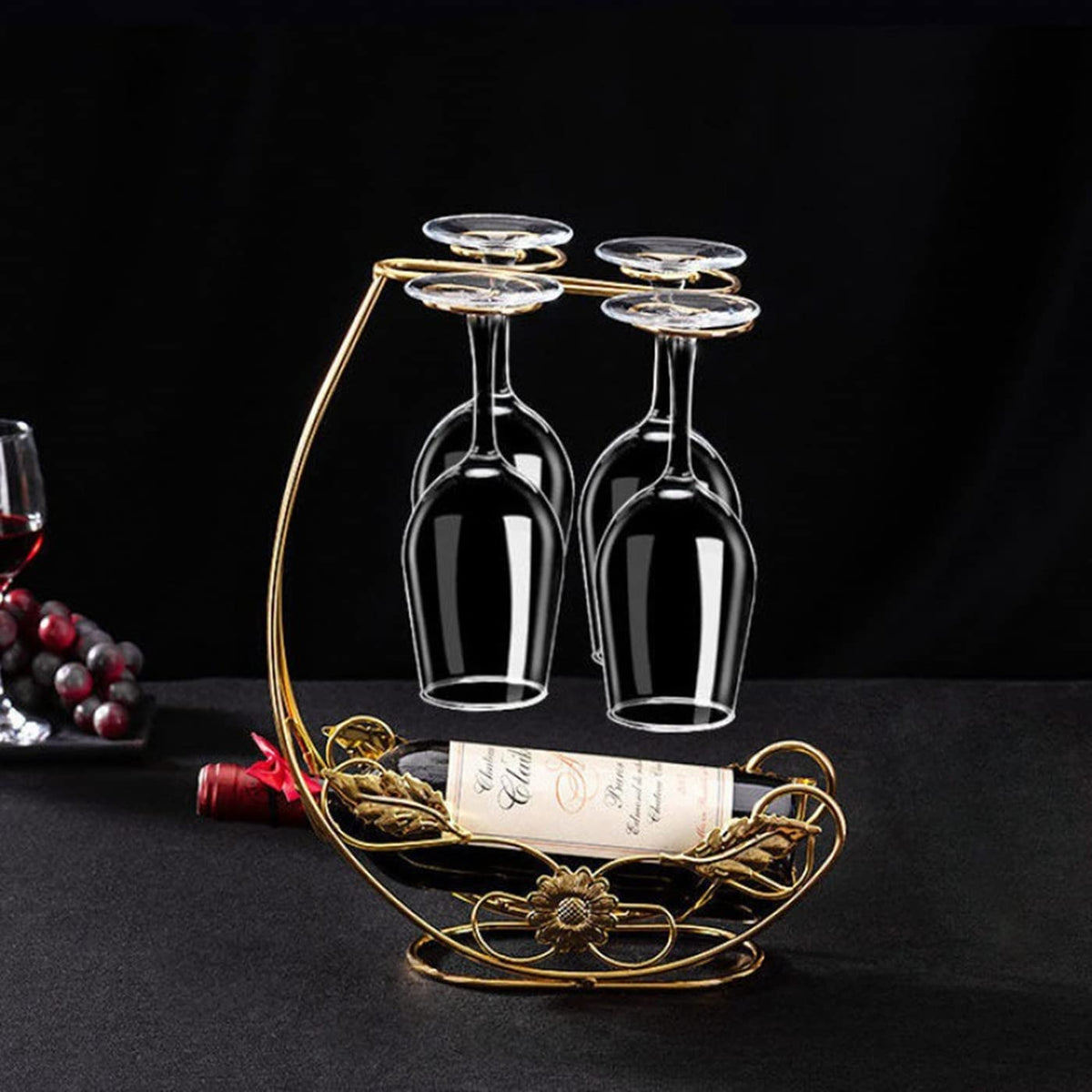 Hongiuia Metal Wine Rack, Tabletop Wine Glass Holder, 1 Bottle+4 Cups Gold