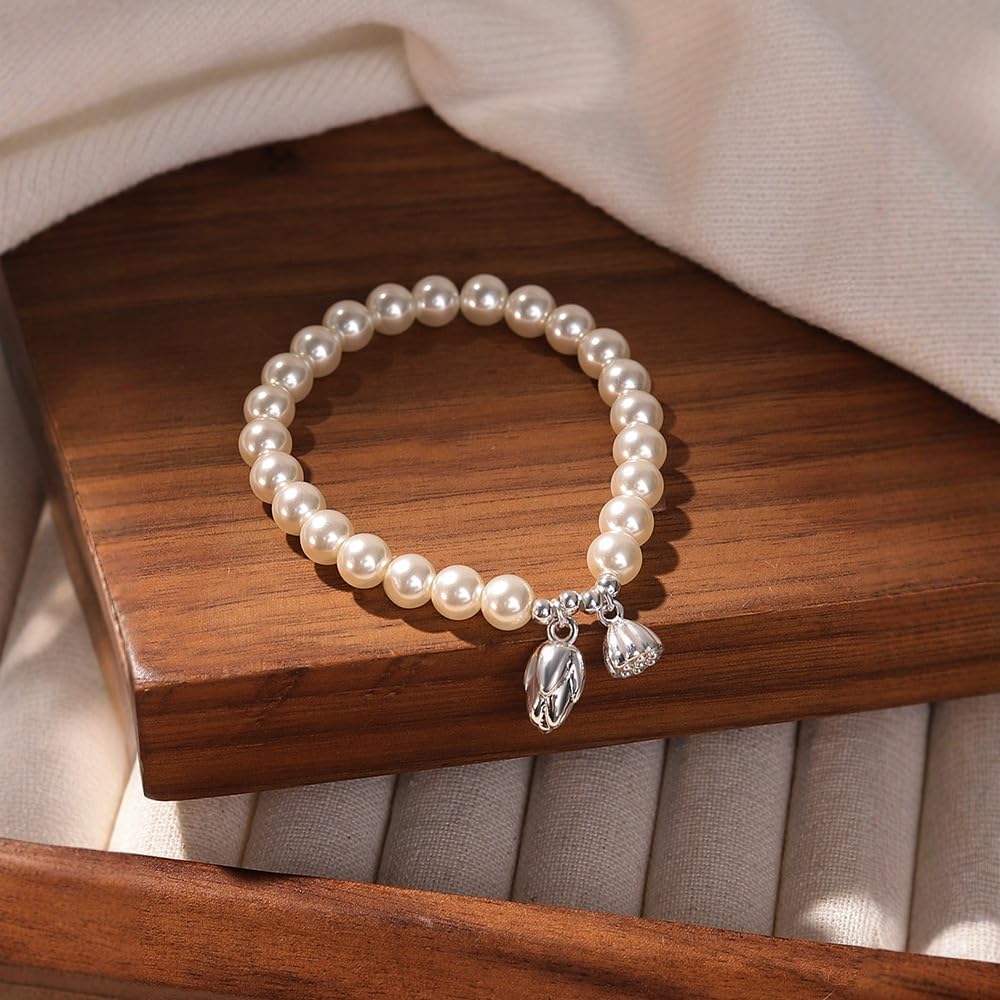 Pearl Bracelets for Women,Freshwater Pearls Crystal Bracelet Boho Bracelets Bead Bracelet Gifts (White #1)