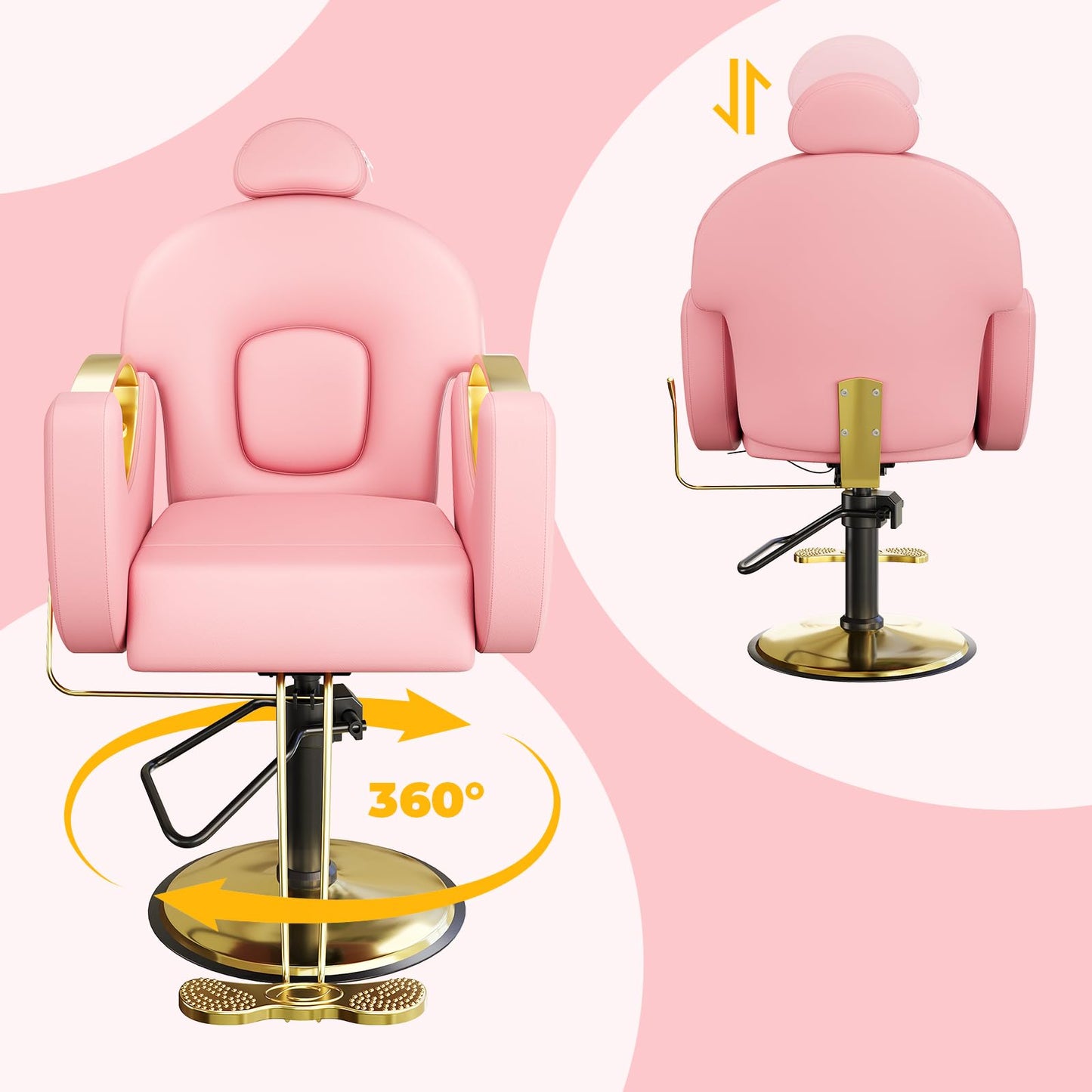 MegaChoice Barber Chair, Reclining Salon Chair, 360° Rotation, Multi-Functional Height Adjustable Hydraulic Chair for Salon, Barbershop, Spa, Pink