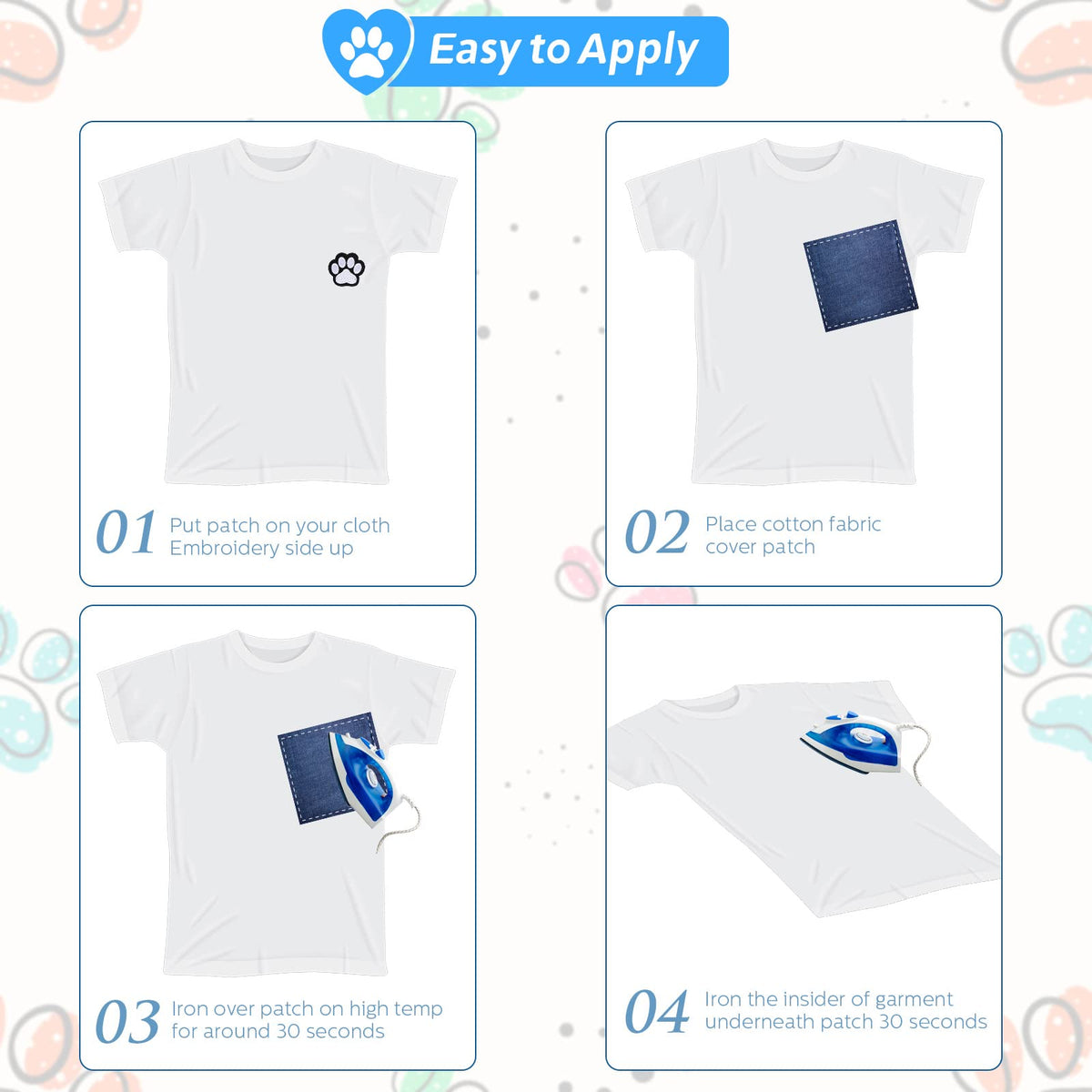 Waydress 24 Pcs Iron on Patches Paw Print, Iron/sew on Patches for Clothing, Cute Paw DIY Decoration or Repair Fabric Embroidery Stickers for Dresses Backpacks Jean T-Shirt Cap Shoe(White,24 Pcs)