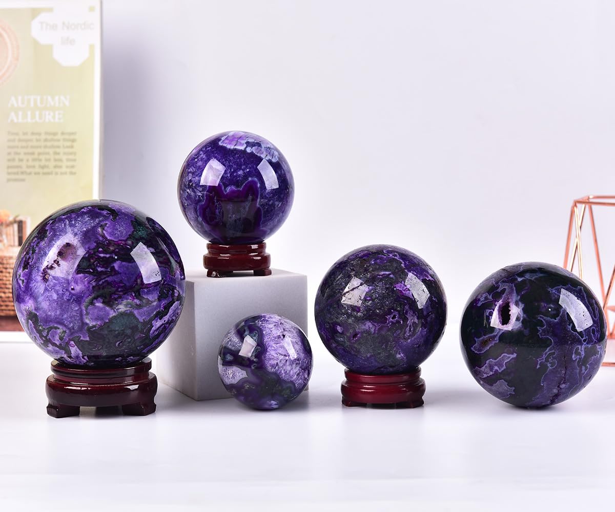 JIC Gem Purple Moss Agate Crystal Sphere Large Quartz Crystal Ball with Stand Healing Ornament Witchcraft Meditation Decor 3.5-4 inch(90-100mm)