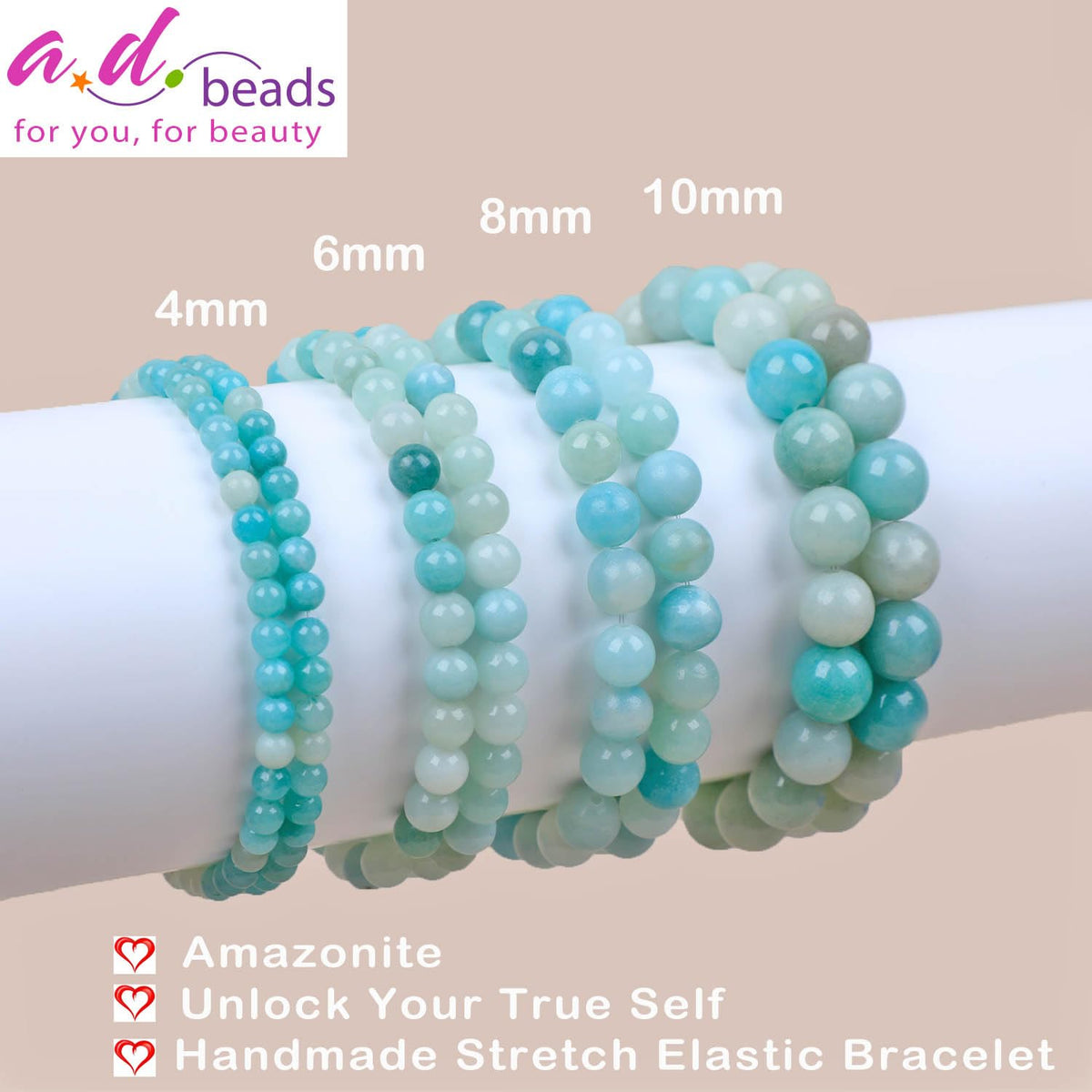 AD Beads Handmade Gemstone Stretch Elastic Bracelet Crystal Healing Reiki Nature's Beauty and Spiritual Essence Unisex (8mm, Amazonite (Unlock Your True Self))