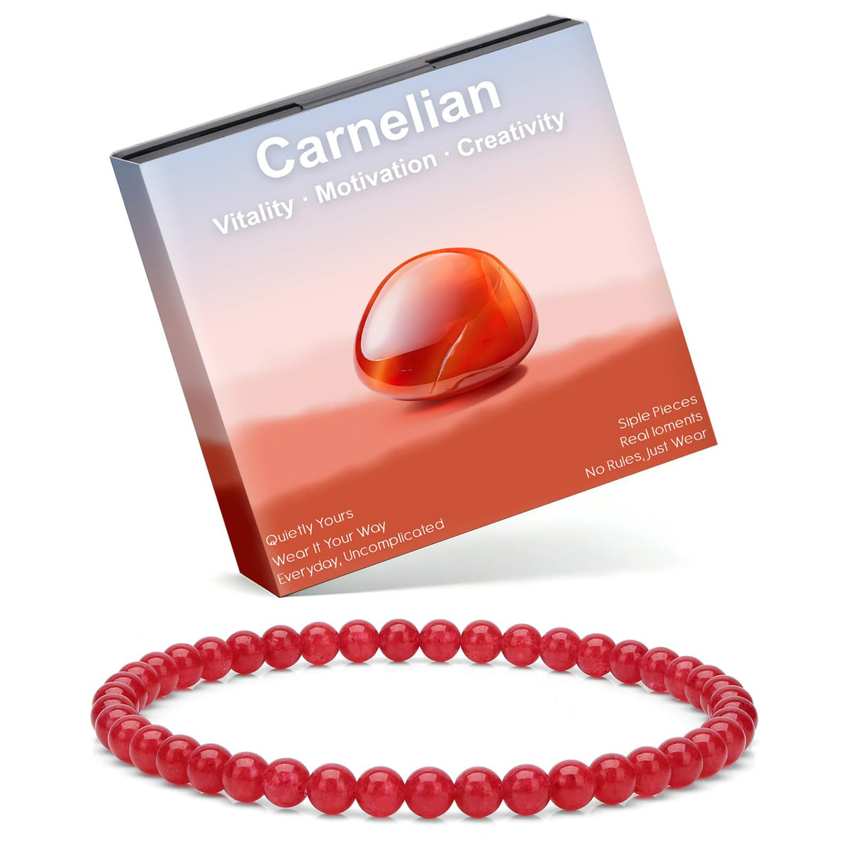 Risyfjew 4MM Handmade Carnelian Natural Gemstone Stretch Elastic Bracelet,PE Film Anti-oxidation Packaging Natural Stone Crystal Healing Power Energy Gifts for Adult