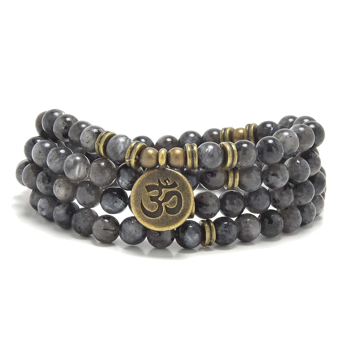 oasymala 108 Mala Beads Bracelet with om Charm – Healing Stone Meditation Bracelet for Yoga & Prayer, 6mm Beads, Handmade, Gold-Plated OM Charm (Labradorite)