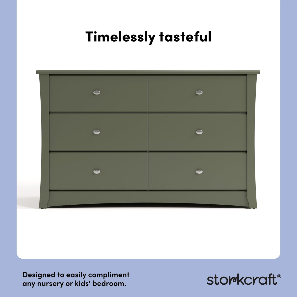 Storkcraft Crescent 6-Drawer Dresser (Olive) – GREENGUARD Gold Certified, Green Dresser for Bedroom, Kids & Nursery Storage Chest, Safety Interlocking Drawers, Pre-Installed Tracks, Kids Chest