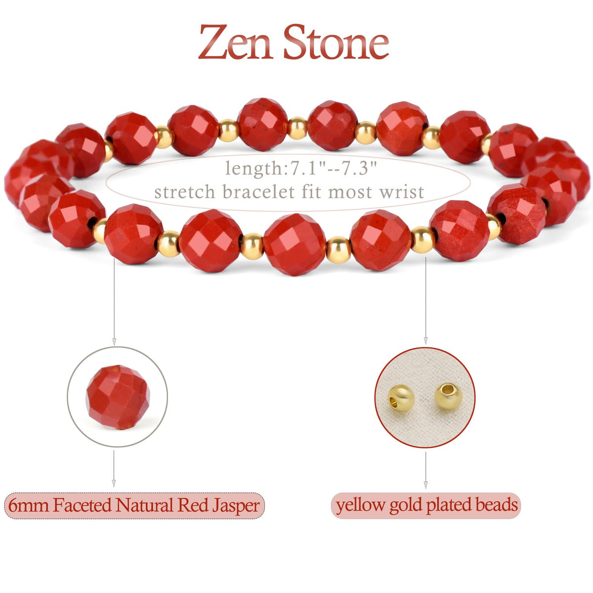 QOGIR Red Jasper - Zen Stone - 14K Gold Plated Beads Natural Gemstone Stretch Elastic Dainty Healing Beaded Bracelets Gifts 6mm