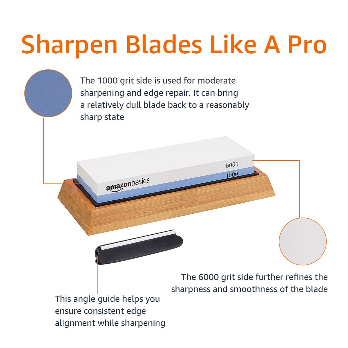 Amazon Basics Whetstone Knife Sharpening Stone, Double-Sided 1000/6000 Grit with Angle Guide, Non-Slip Bamboo Base, Black & Grey
