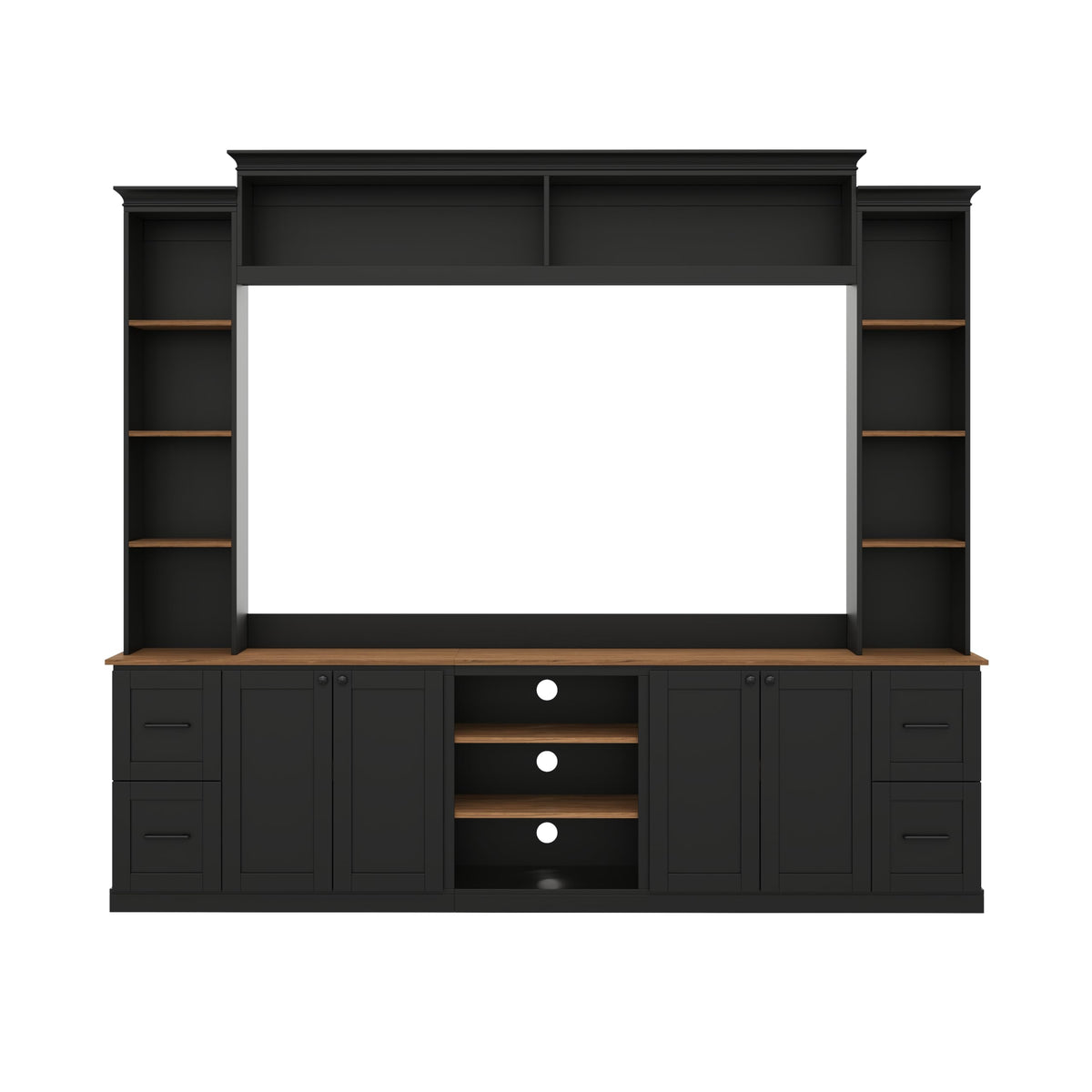 Ball & Cast 94.8" Entertainment Center Wall Unit with Bookshelf for TVs Up to 70",Farmhouse Large TV Stand with Walnut Adjustable Shelves,Retro Media Console with 4 Drawers for Living Room,Black