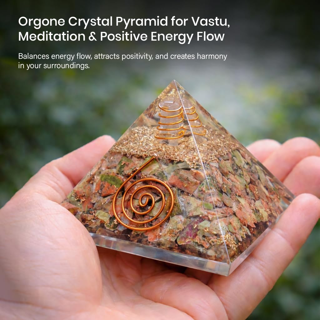 Crocon® Unakite Orgone Pyramid Healing Crystals Stone Orgonite Gemstone Pyramid Stones Reiki Crystal Good Luck Charms Meditation Chakra Organite Home Decor Spiritual Gifts Size 2.5 Inch App.