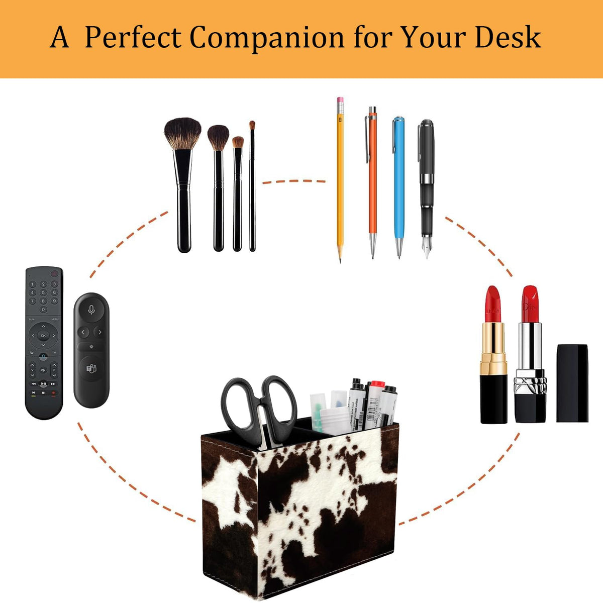 VSHSEEOM Cow Hide Print Pencil Holder for Desk, PU Leather Multifunctional Mobile Pen Holder Desktop Organizer Makeup Brush Holder for Classroom, Office and Home