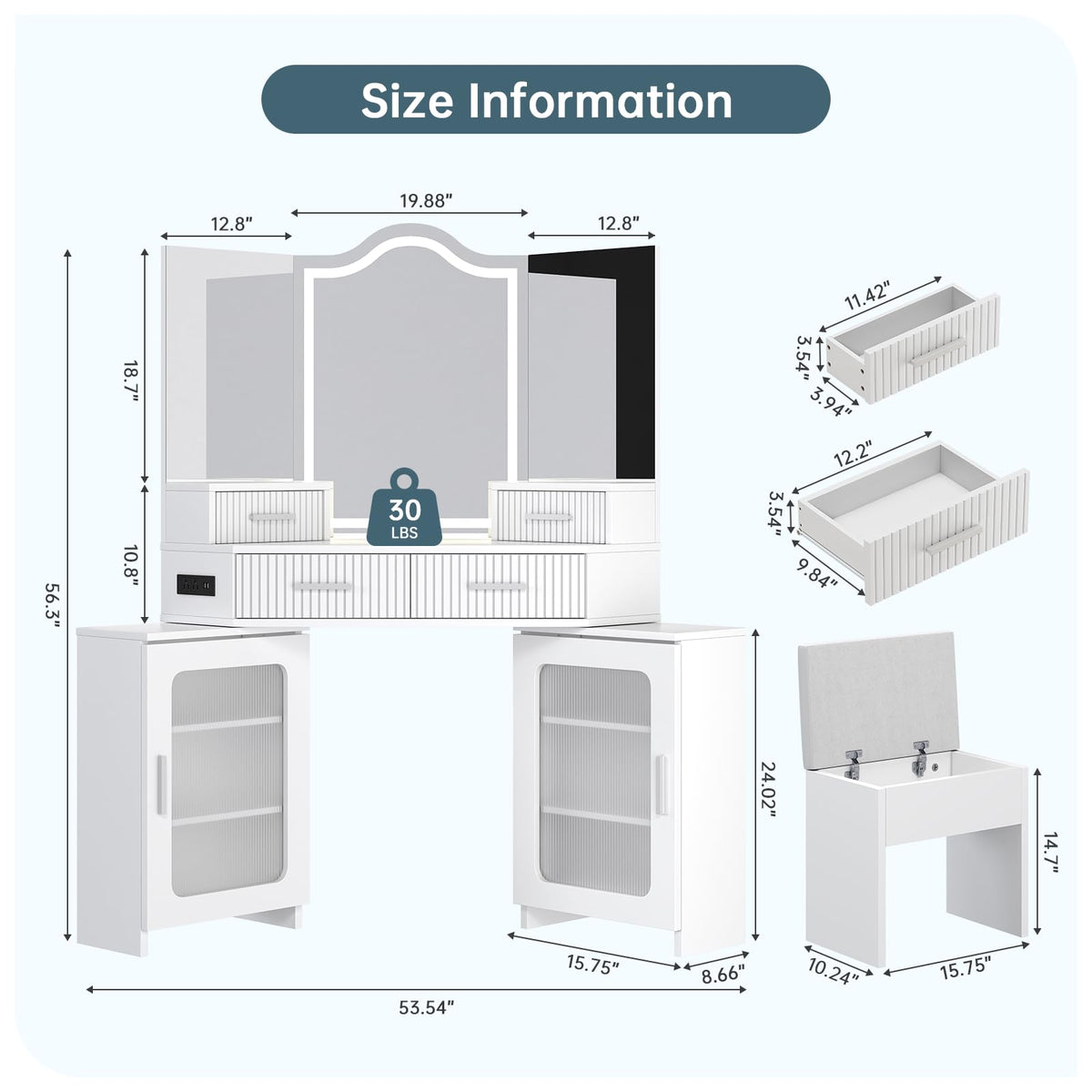 Corner Vanity with Mirror and Lights, Corner Makeup Vanity with 4 Drawers & 2 Cabinets, Vanity Set with Tri-Way Mirrors and Cushioned Stool, Big Vanities with Power Outlet Perfect for Bedroom, White