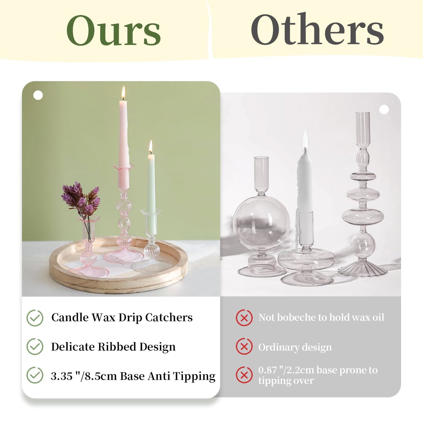 Glasseam Tapered Candlestick Holders Pink: Set of 3 Glass Candle Sticks Holder Decor with Bobeche Modern Ribbed Taper Candle Holders for Table Centerpiece Valentines Wedding Home Decorations