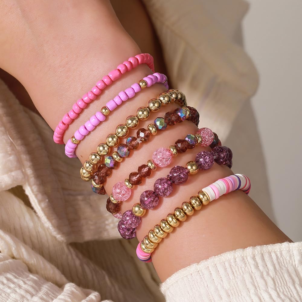 YEOSMINE Boho Heishi Clay Beaded Stretch Bracelets Stack For Women, Preppy Teens Friendship Gold Bracelets Cute Beach Surfer Accessories Bulk Set Trendy Fashion Jewelry