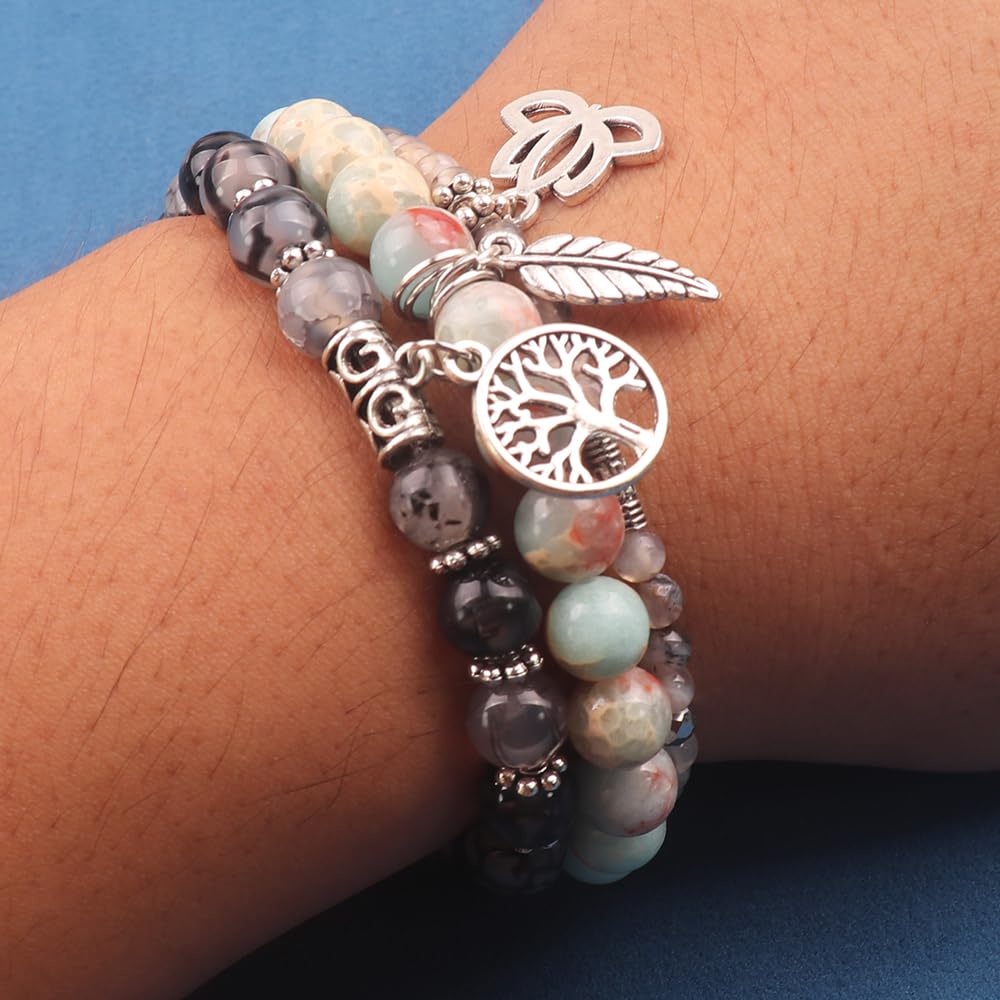 UEUC Tree of Life Yoga Healing Stone Bracelets,Multilayer Lotus Chakra Stone Reiki Bracelet Sets,Anxiety Crystal Natural Stone,for Women Stress Relief(#157)