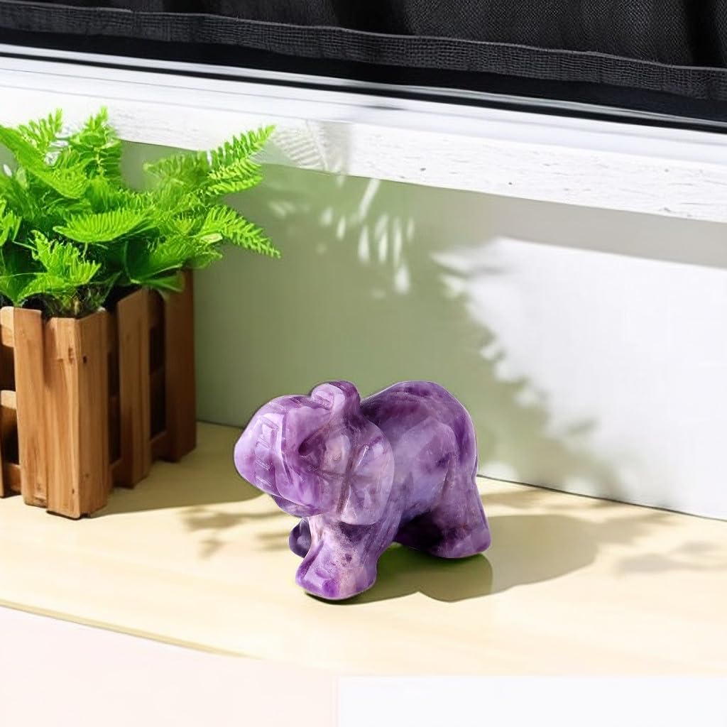 QINJIEJIE Amethyst Elephant Decor Statue Crystals Healing Stones Crystal Pocket Figurines Cute Stocking Stuffers Sculpture Gemstones Spiritual Home Office Desk Purple Decor Elephant Gifts for Women