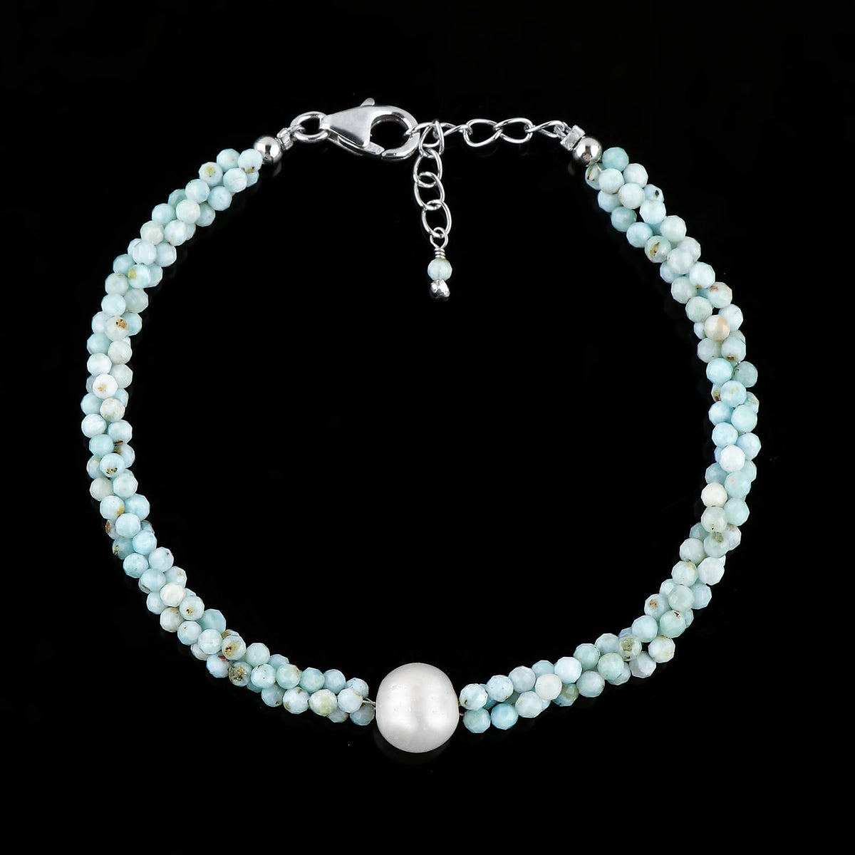 CRYSTALIS Natural Caribbean Larimar Beads Twisted Rope Bracelet with Elegant Pearl, High Grade Gemstones, Chakra Healing Stones, Womens Gift Jewelry, Silver Plated Brass Bracelet 8 inch