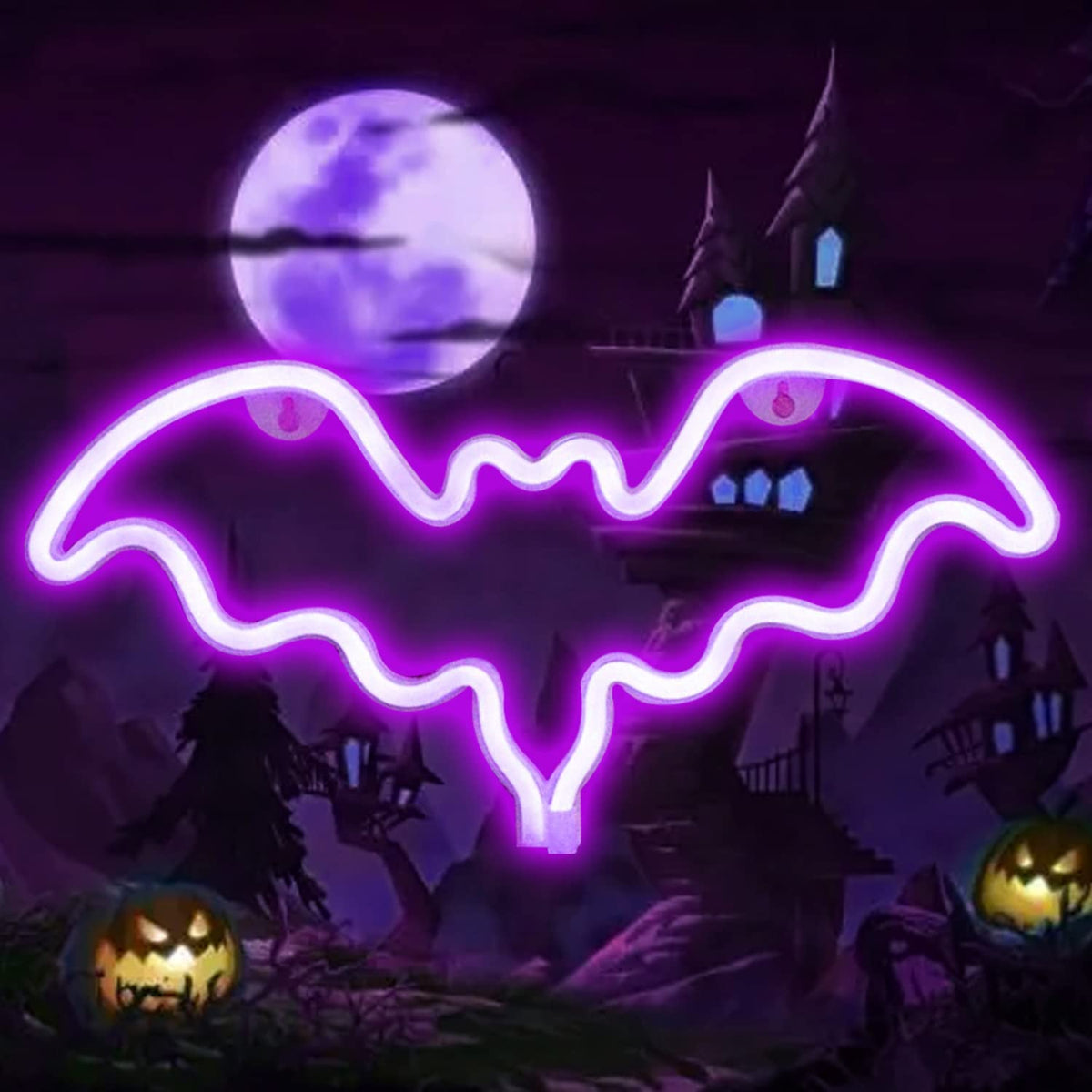Vicila LED Neon Bat Signs Halloween Decor, Purple Bat Shape Neon Lights Gothic Battery Operated Desk Table Lamp for Bedroom, Bar, Wall, Coffin Decor-Bat(Purple)