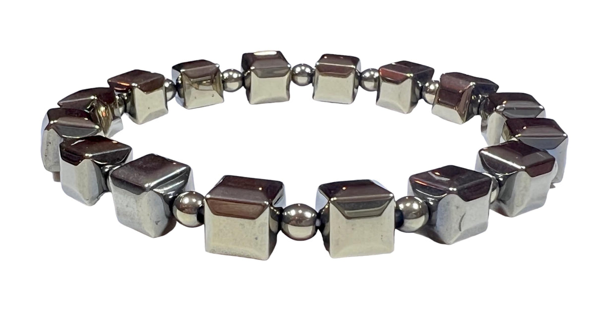AWAKEN YOUR KUNDALINI Handmade Pyrite Stretch Bracelet – 8mm Cube and Round Beads – Leo Birthstone – Solar Plexus Chakra – Approx. 7 Inch Wrist Size