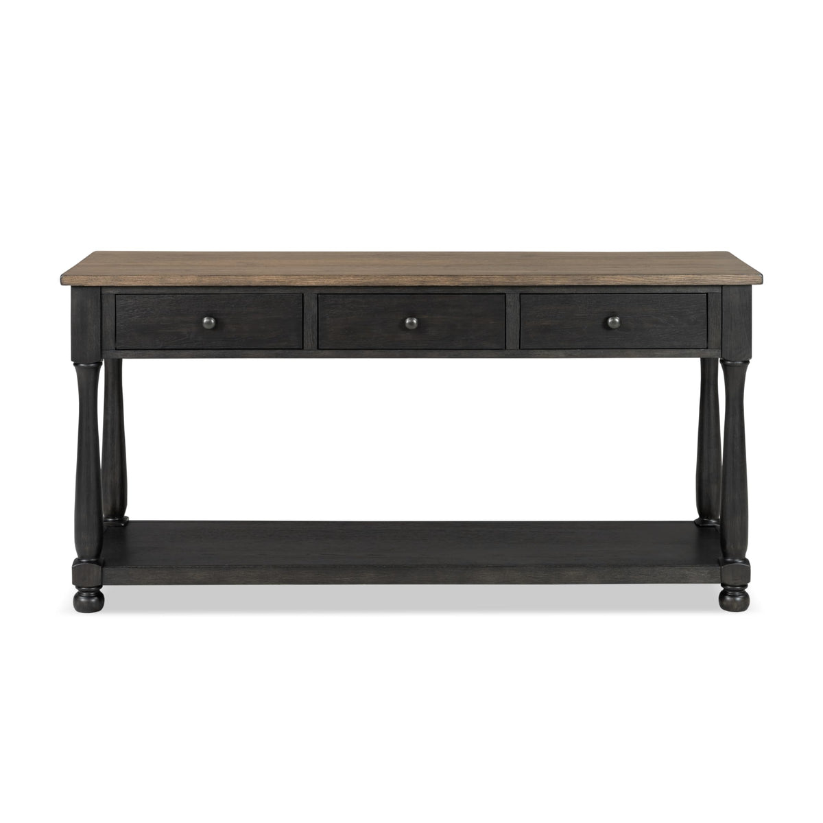 Furniture of America Narella Solid Wood 60-inch Sofa Table with 3 Drawers, Farmhouse Legs and Ball-Bearing Glide for Living Room, Weathered Black