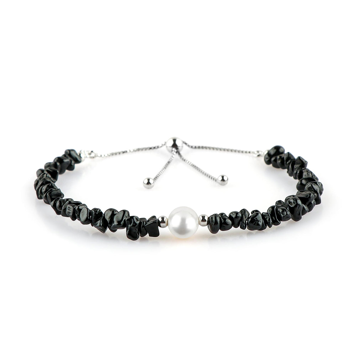 CRYSTALIS Natural Black-Spinel Beads Slider Bolo Bracelet with Elegant Pearl, Uncut Chips Nuggets Crystals, Chakra Healing Gemstone, Women Jewelry, 925 Sterling Silver Slider 10 inch
