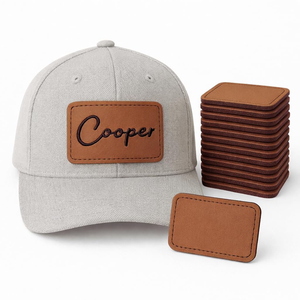 Leather Patches for Hats - 10 Pack, 3"x2" Blank Adhesive Back, Leather Hat Patches, Iron On, Laser Engraving Ready