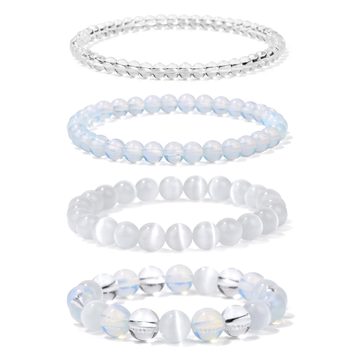 Vinswet 4pcs Natural Stone Beaded Bracelets for Women Men,Healing Crystal Gemstones Stretch Bracelet,4mm 6mm 8mm 10mm Opal Clear crystal Opal Anxiety Stress Relief Bracelet Jewelry Gifts