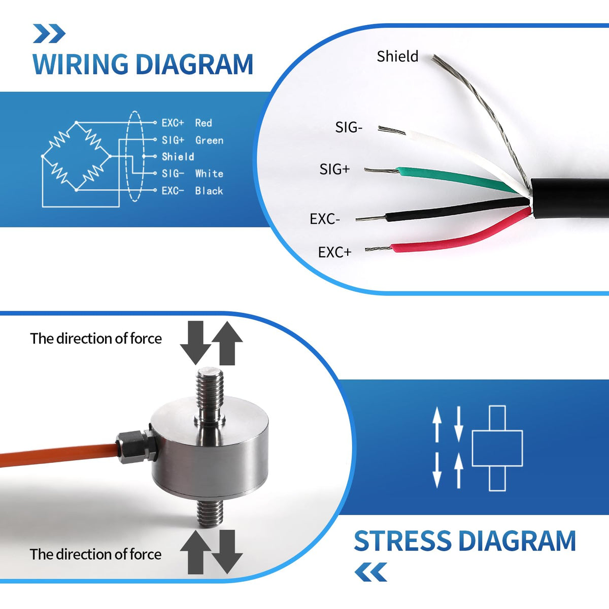 Load Cell Force Sensor, 0.1% High Precision Stainless Steel Tension Compression Sensor for Industrial Weighing & Force Measurement with 3m Cable (0-50kg)