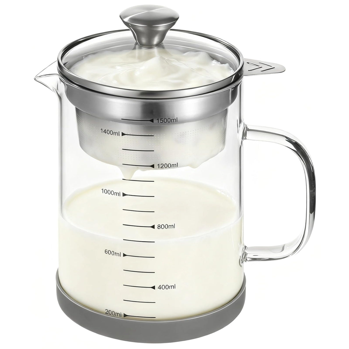 Greek Yogurt Strainer, 50 oz Nut Milk Strainer, Juice Food Strainer, Glass Teapot with Mesh Strainer, Iced Tea Pitcher, 1500 ml Heat & Cold Resistant High Borosilicate Glass Jug with Handle and Lid