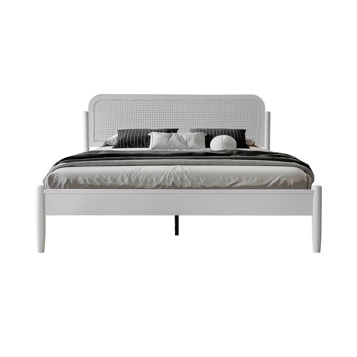 King Size Frame Solid Wood Platform Bed, Headboard & Footboard, 12 Durable Slatted Base, Metal Legs, No Box Spring Needed, Anti-Slip & Noise-Free, Easy Assembly, Pure White Finish JMK-39