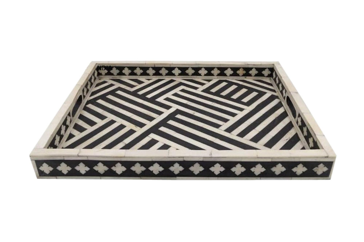 Hansa Industries Handmade Bone Inlay Serving Tray Rectanglular Geometrical Pattern Decorative Coffee Tray Platter Table Decor
